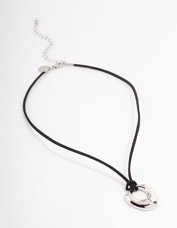 Silver Organic Oval Suede Cord Necklace