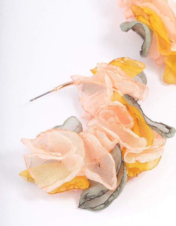 Gold Layered Pink Flower Hoop Earrings