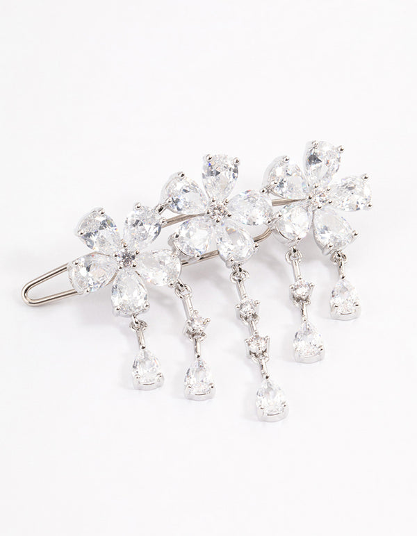Silver Cubic Zirconia Triple Flower Droplet Hair Clips Pack