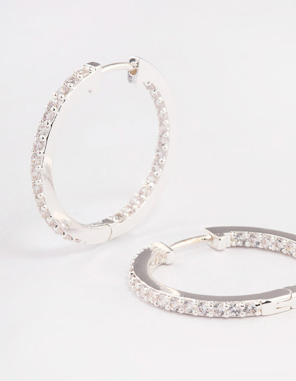 Silver Plated Brass  Cubic Zirconia Pave Huggie Hoop Earrings
