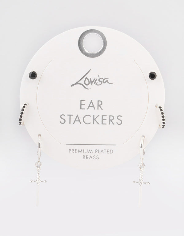 Silver Plated Brass  Cubic Zirconia Dagger Huggie Earrings Pack