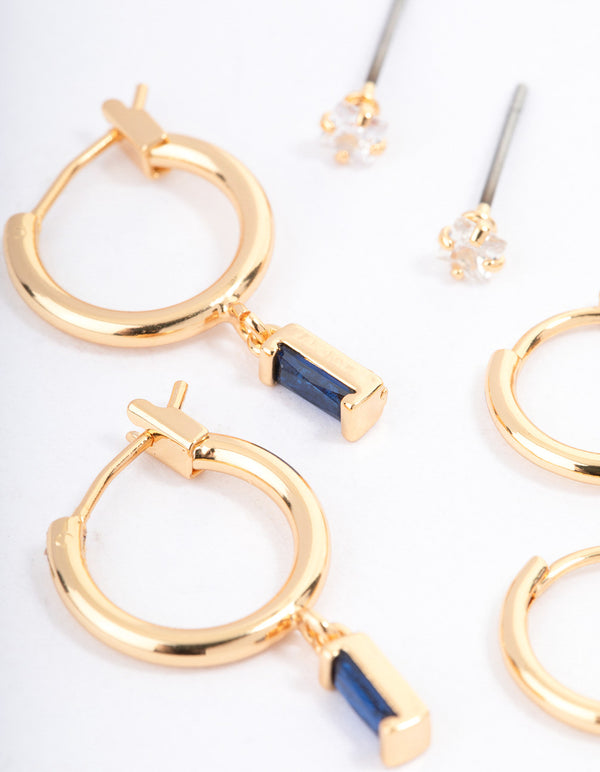 Gold Plated Brass Cubic Zirconia Emerald Cut Huggie Earrings Pack