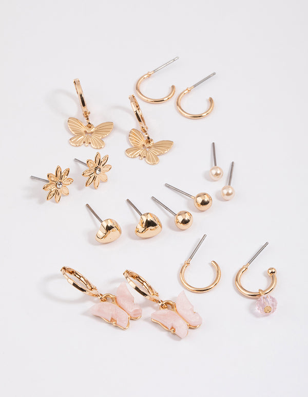 Gold Butterfly Motif Stud & Hoop Earrings 8-Pack