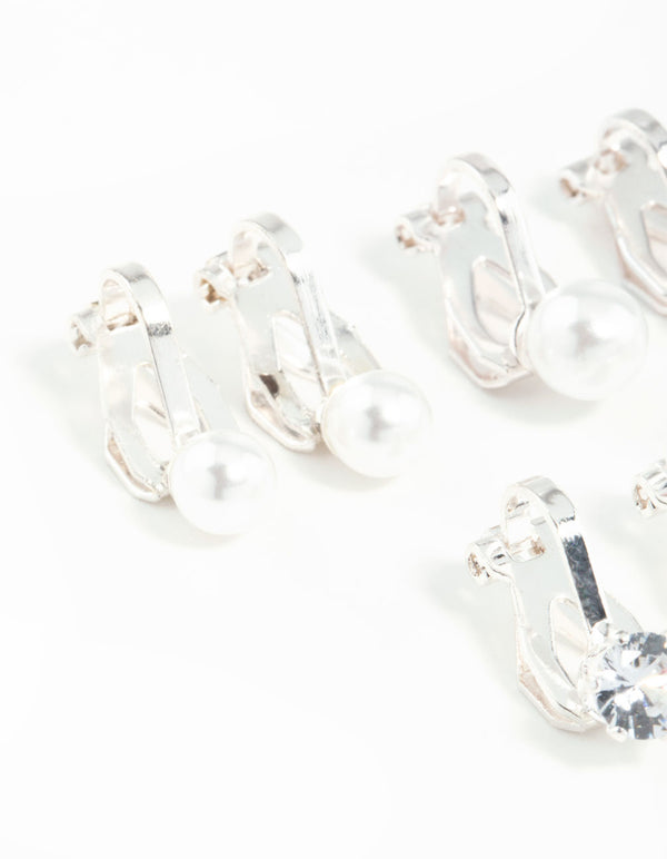 Silver Pearl & Diamante Clip On Earrings 5-Pack