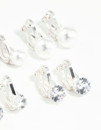 Silver Pearl & Diamante Clip On Earrings 5-Pack - link has visual effect only