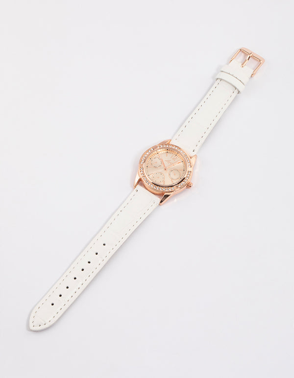 Rose Gold Diamante Dial Faux Leather Watch