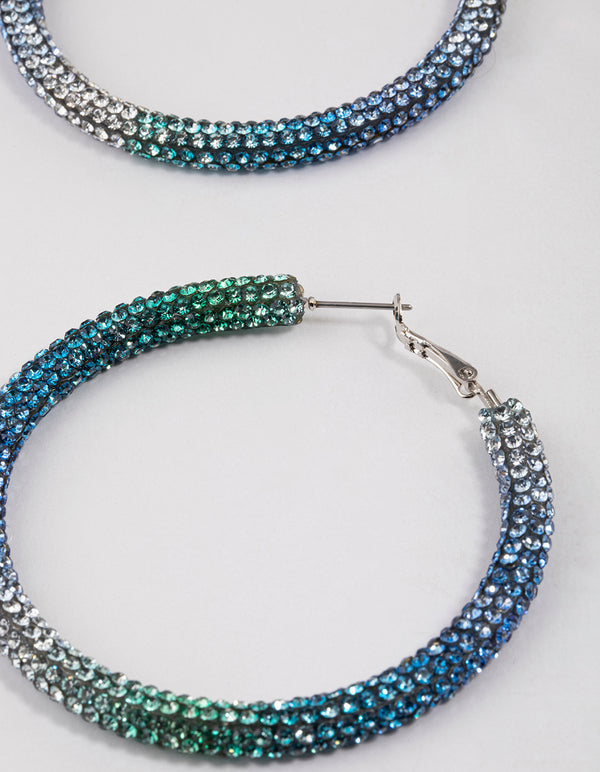Silver Blue Jet Crusted Hoop Earrings