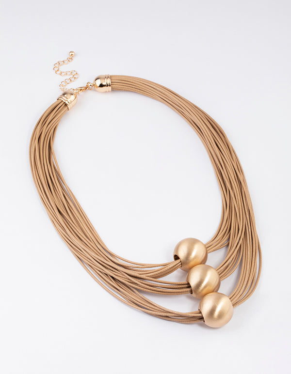 Gold Wax Cord Triangle Ball Layered Necklace
