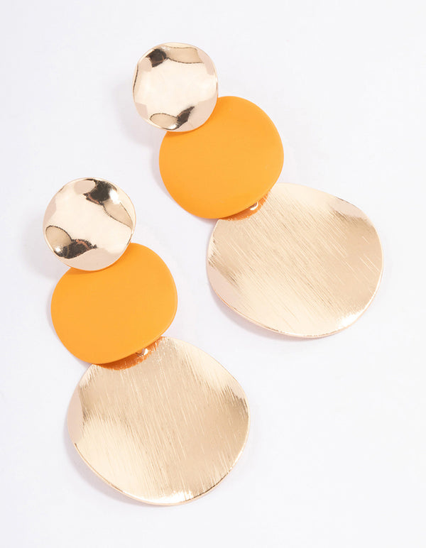 Gold Orange Triple Wrapped Disc Drop Earrings