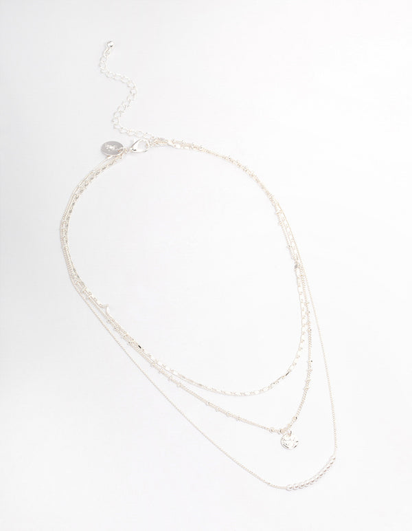 Silver Plated Fine Triple Layered Beaded Disc Necklace