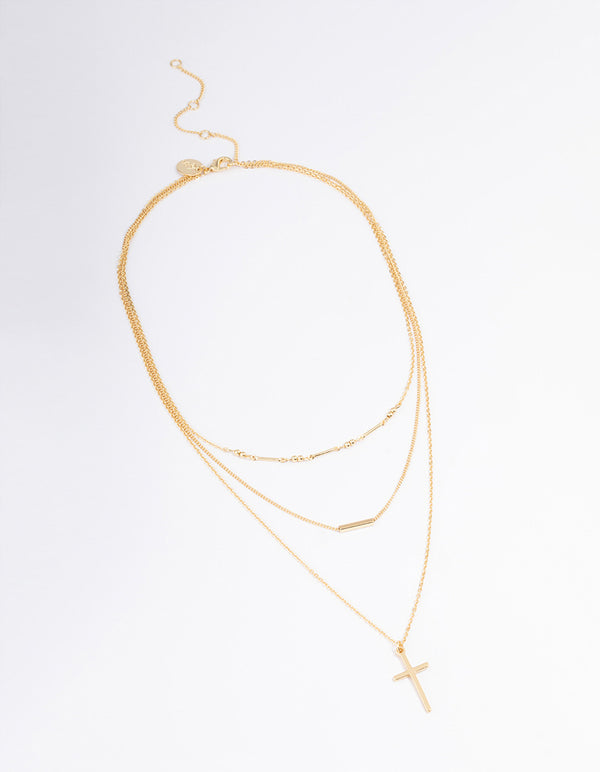 Gold Plated Layer Bar & Cross Layered Necklace