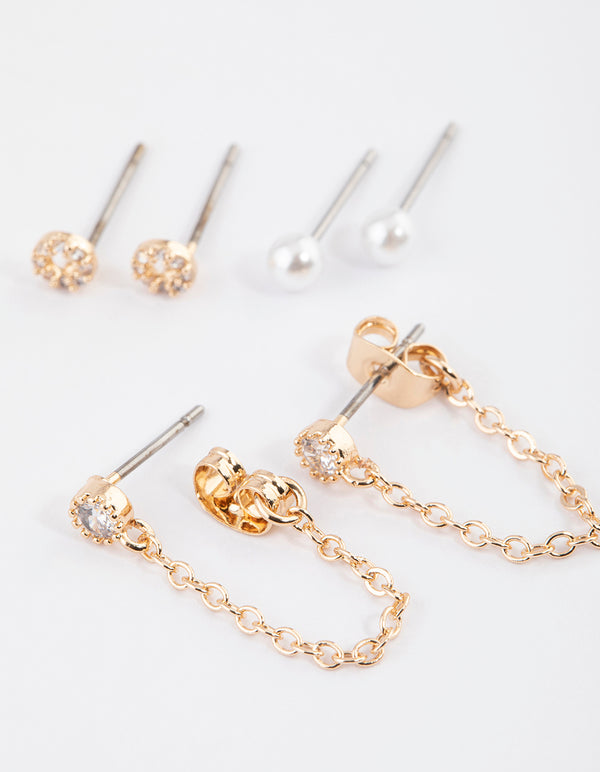 Gold Pearly & Diamante Stud Earrings Pack