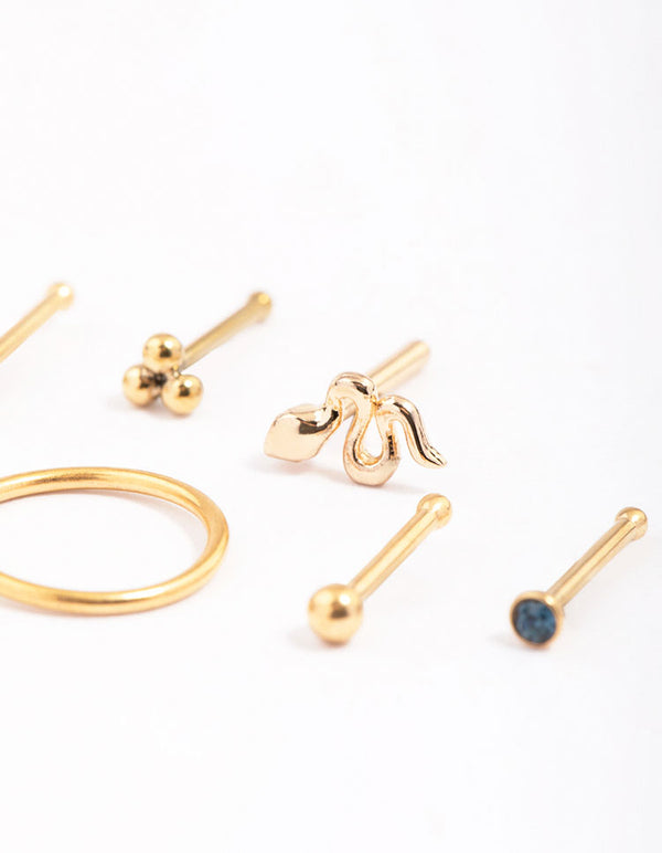 Gold Plated Surgical Steel Snake & Bezel Nose Piercing 6-Pack