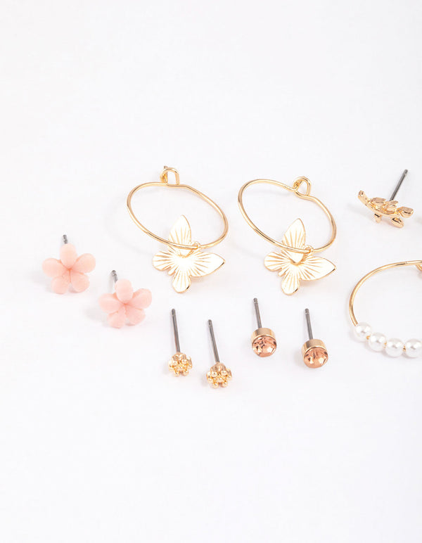 Gold Pearl Butterfly & Flower Earrings 8-Pack