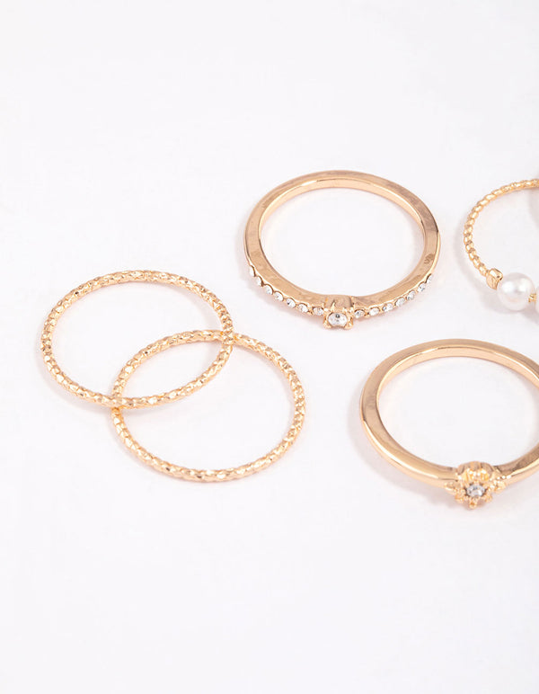 Gold Fine Diamante Cut Pearl Ring Pack