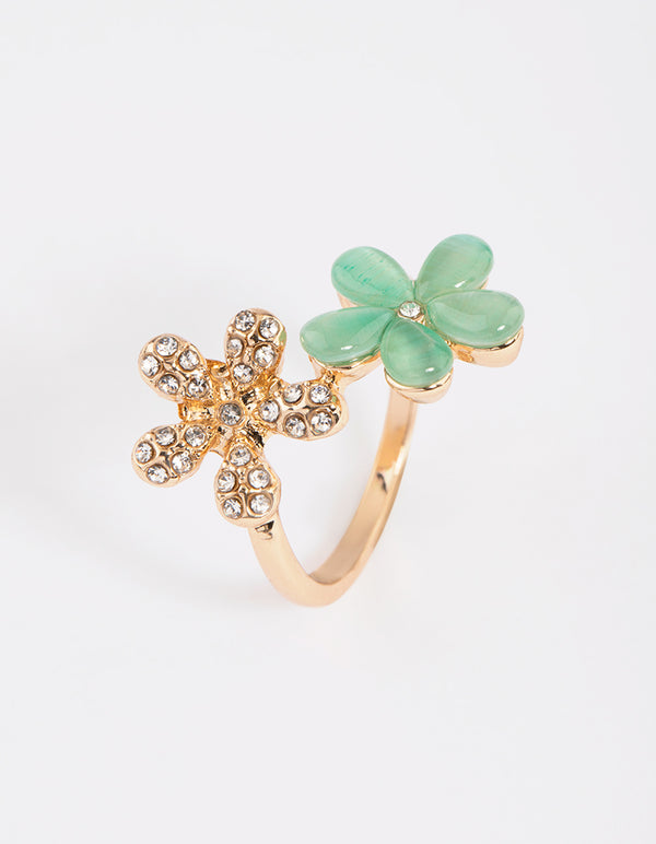Gold Diamante & Cats Eye Flower Ring