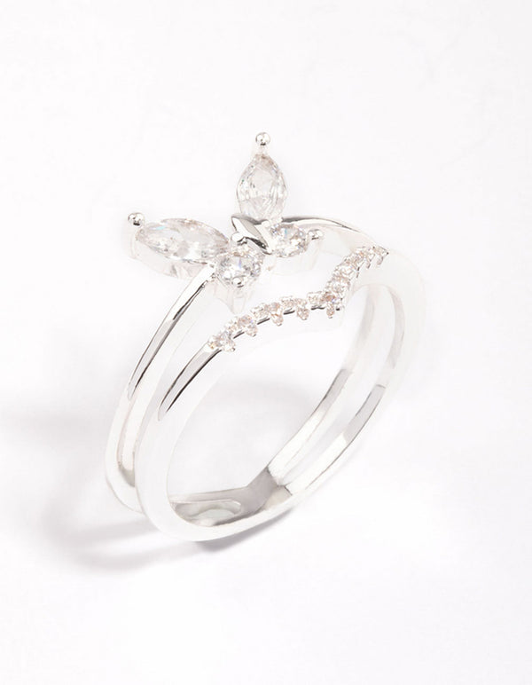 Silver Plated Cubic Zirconia Butterfly Double Band Ring