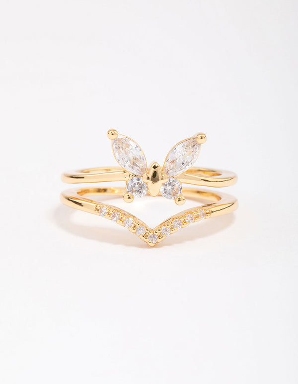 Gold Plated Cubic Zirconia Butterfly Double Band Ring