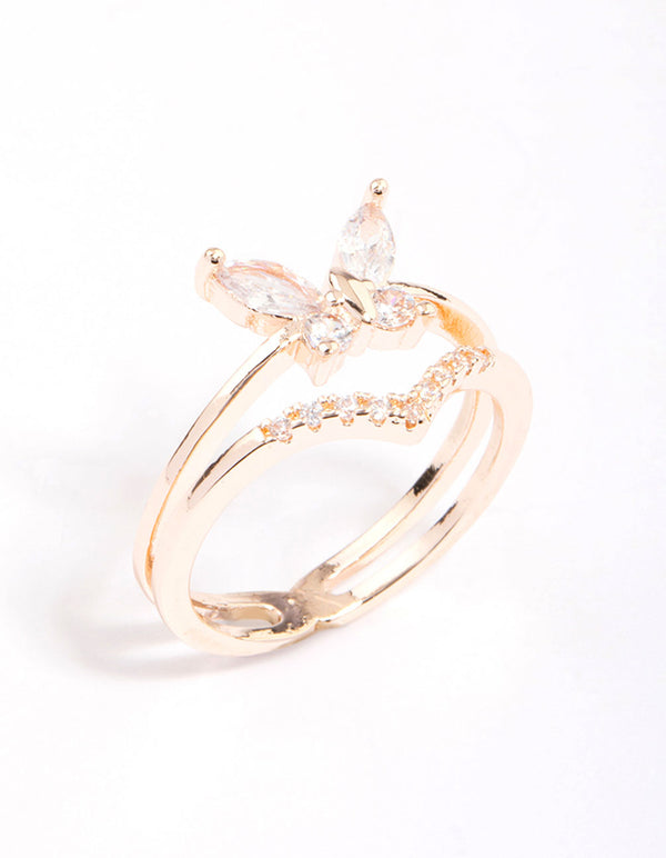 Rose Gold Plated Cubic Zirconia Butterfly Double Band Ring