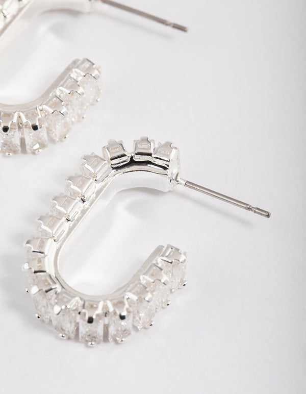 Silver Plated Oval Horizontal Baguette Hoop Earrings