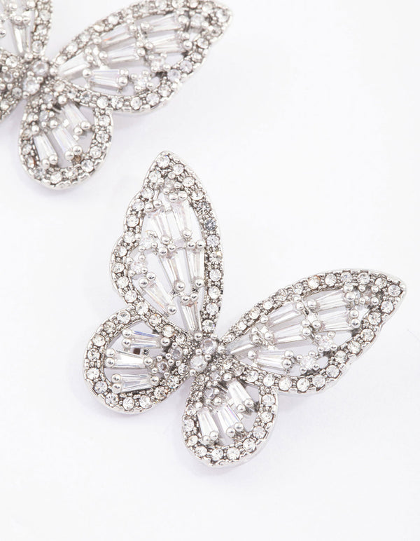 Silver Flutter Butterfly Cubic Zirconia Stud Earrings