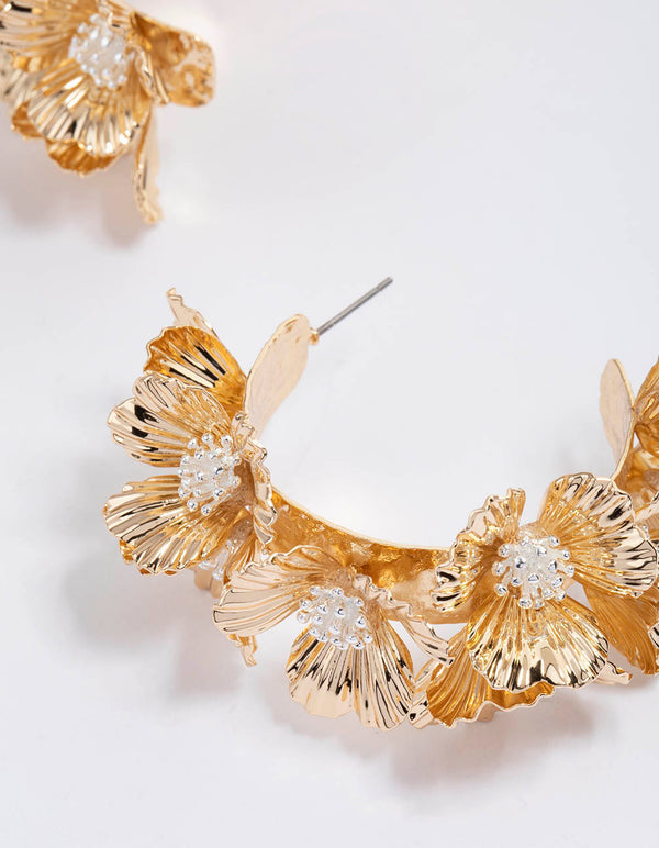 Gold Statement Floral Peral Hoop Earrings