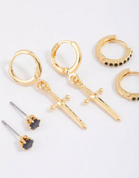 Gold Plated Brass Cubic Zirconia Dagger Huggie Earrings Pack - link has visual effect only