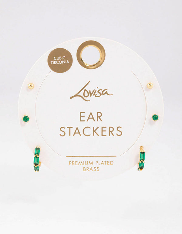 Gold Plated Brass Baguette Huggie Gold Ball Earrings 6-Pack