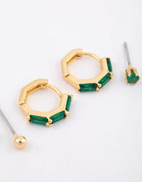 Gold Plated Brass Baguette Huggie Gold Ball Earrings 6-Pack - link has visual effect only