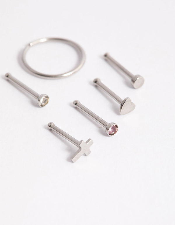 Surgical Steel Heart & Cross Nose Stud 6-Pack
