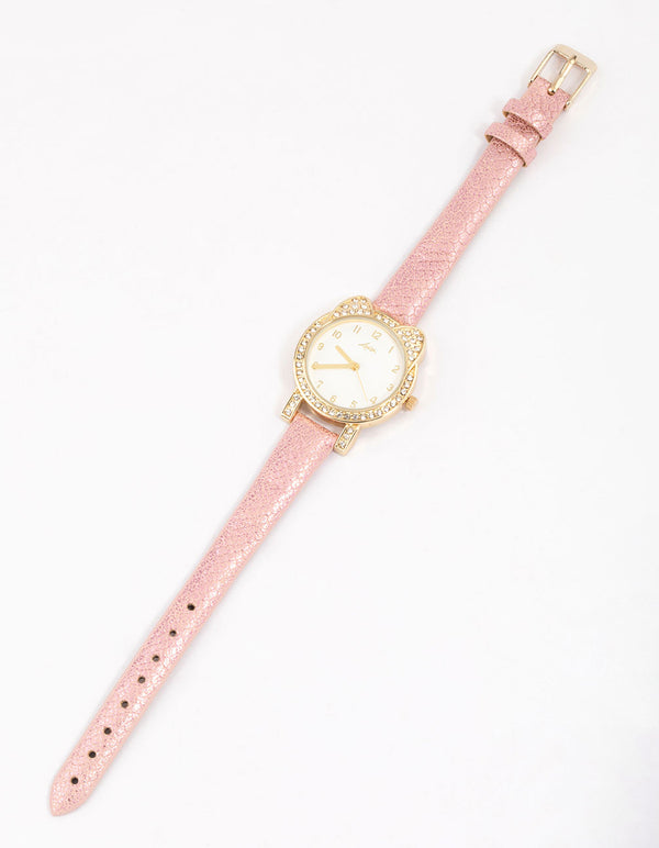 Kids Diamante & Glitter Cat Faux Leather Watch