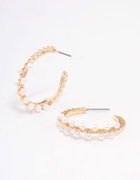 Gold Thin Pearl Ball Hoop Earrings - link has visual effect only
