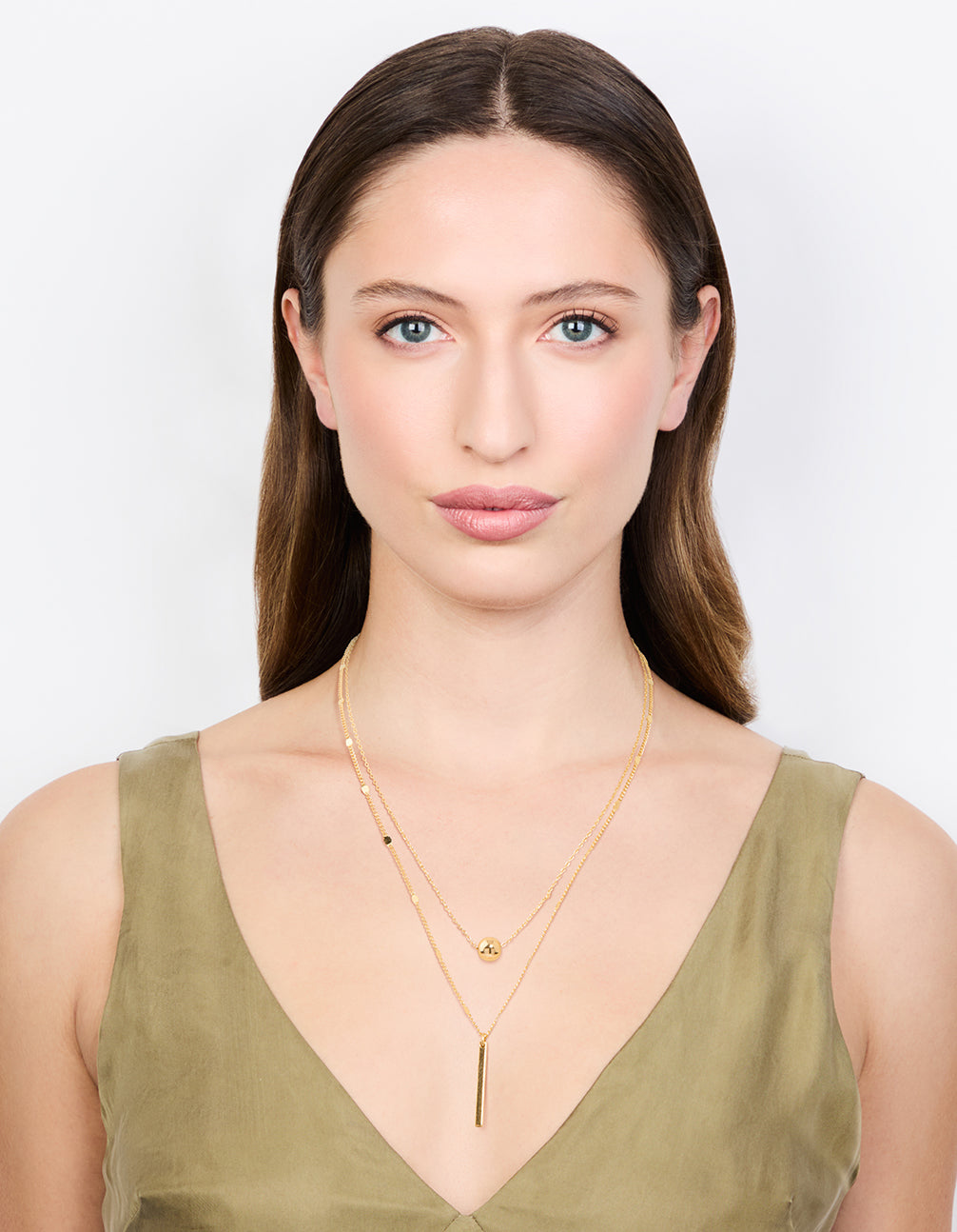 Gold Bar & Ball Double Chain Short Necklace