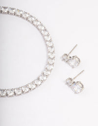 Silver Cubic Zirconia Round Graduating Earrings & Tennis Bracelet Set - link has visual effect only