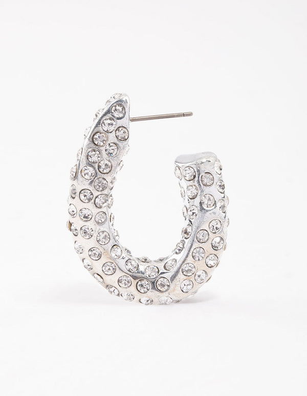 Silver  Paved Curve Hoop Earrings