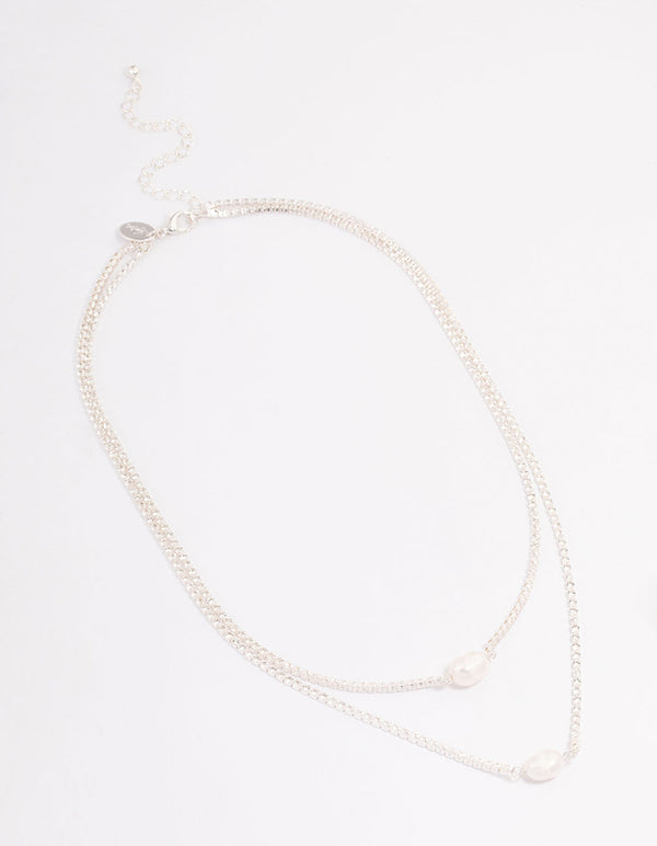 Silver Cubic Zirconia Multi-Row Pearl Necklace
