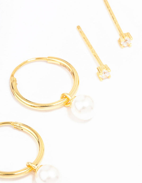 Gold Plated Sterling Silver Cubic Zirconia & Pearl Huggie Earring Pack