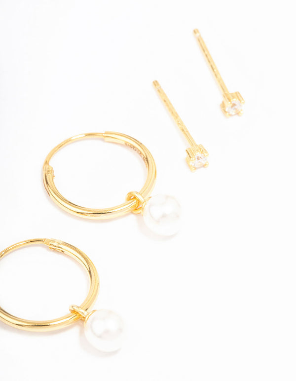 Gold Plated Sterling Silver Cubic Zirconia & Pearl Huggie Earring Pack