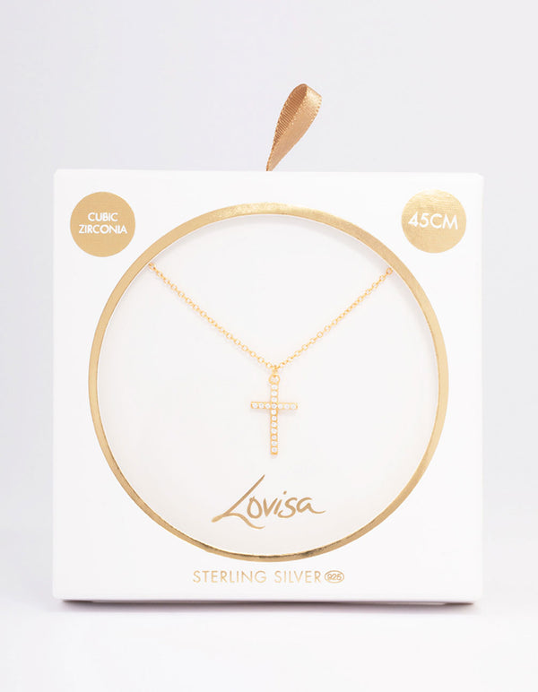 Gold Plated Sterling Silver Pave Cross Pendant Necklace