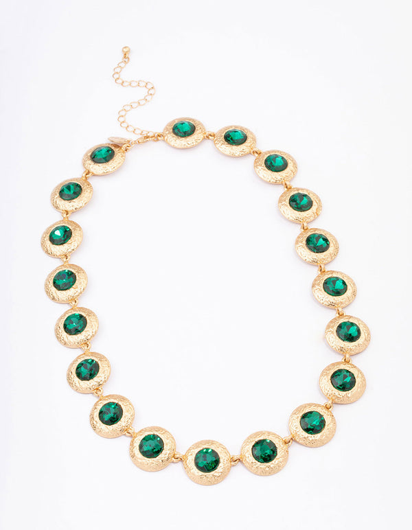 Gold Hammered Diamante Round Short Necklace