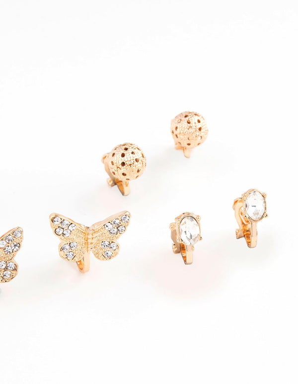 Gold Diamante Butterfly Diamante Clip On Earring 8-Pack