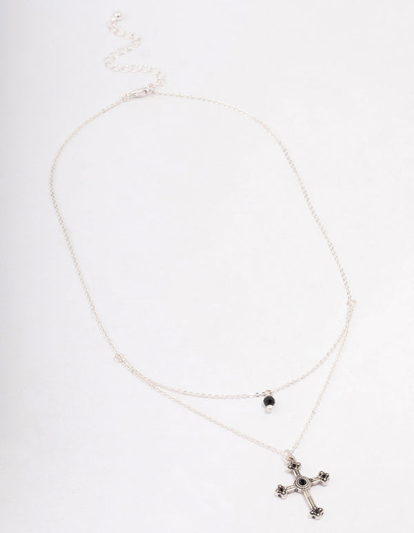 Antique Silver Double Chain Cross Necklace