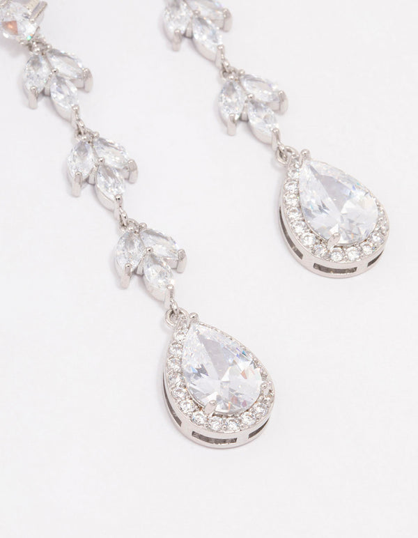 Silver Leaf Halo Pear Drop Earrings