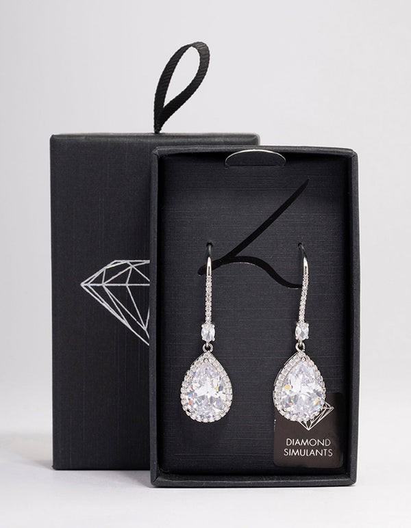 Silver Cubic Zirconia Pear Diamante Hook Drop Earrings