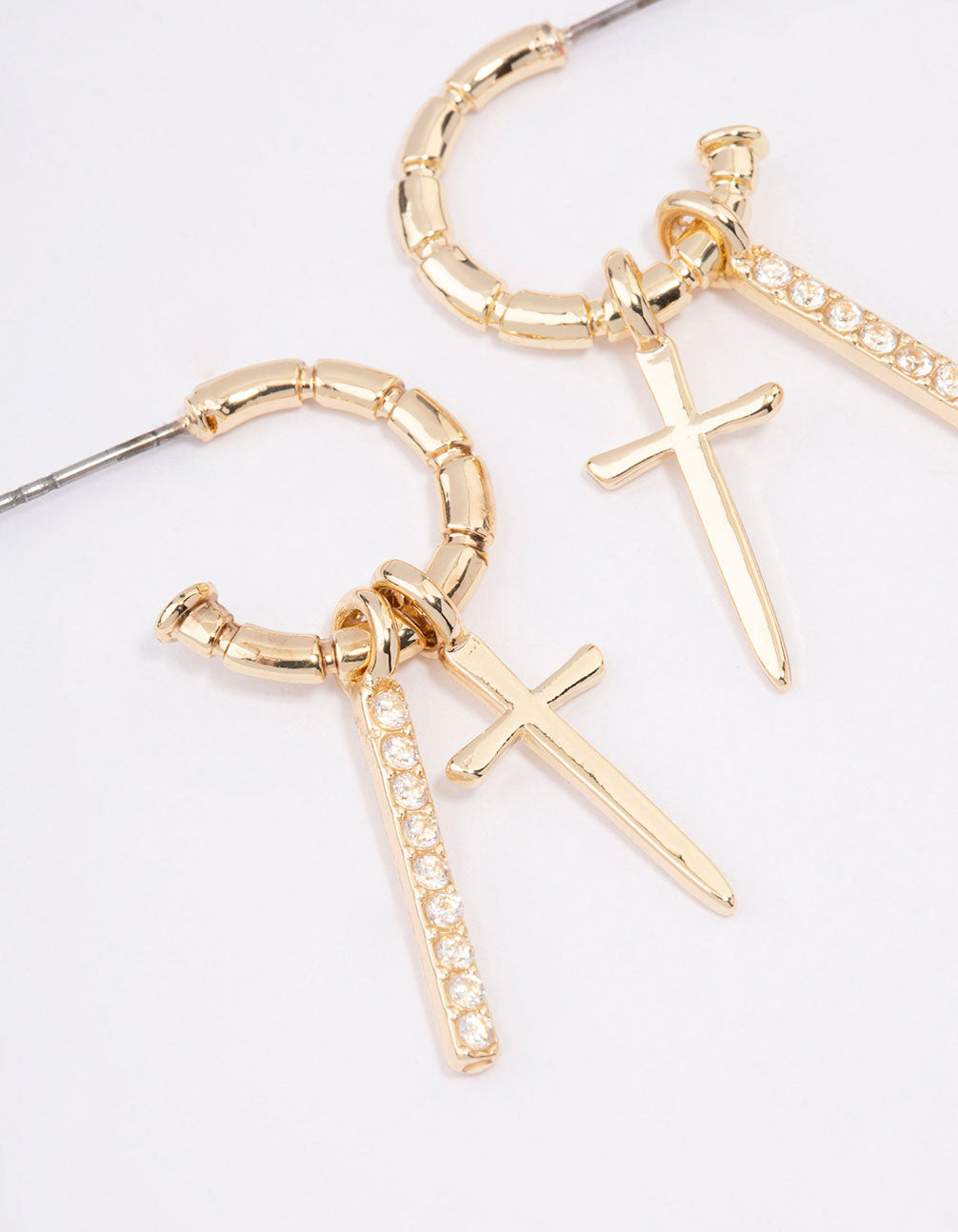 Gold Plated Cross Diamante Bar Hoop Earrings