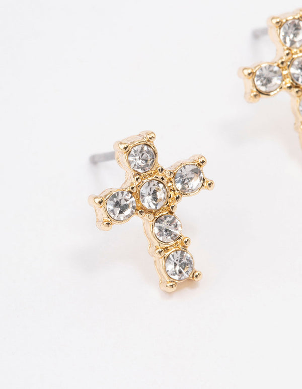 Gold Plated Diamante Cross Stud Earrings