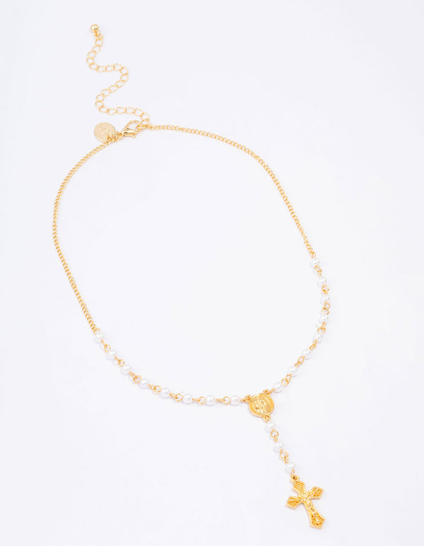 Gold Plated Pearl Cross Y-Shaped Pendant Necklace