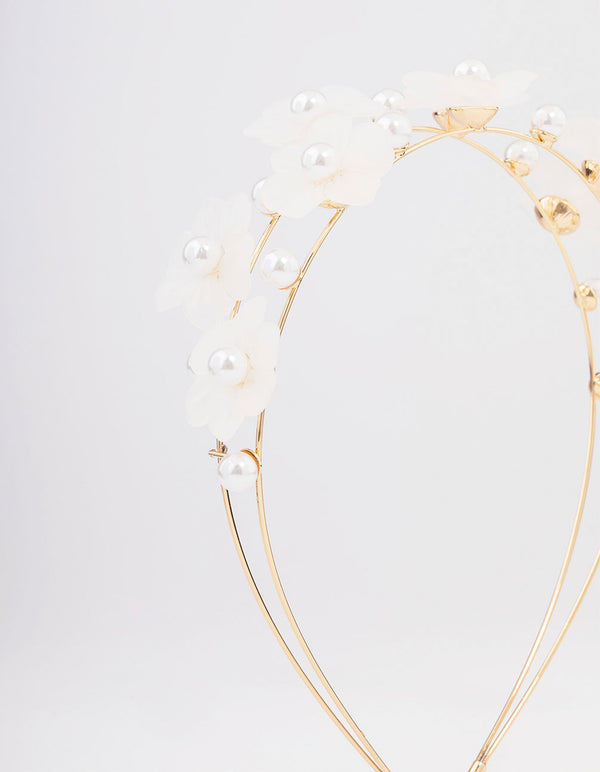 Gold Pearl Flower Double Headband