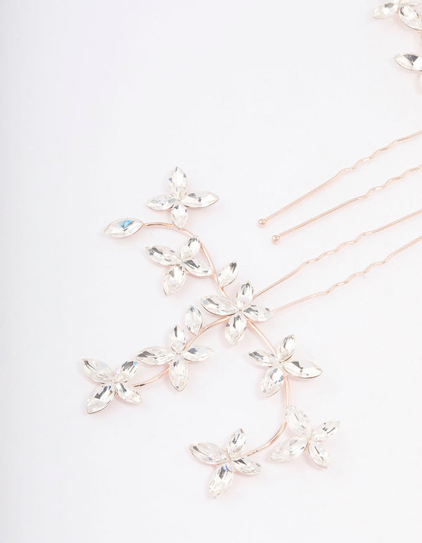 Rose Gold Flower Leaf Diamante Hair Pin Pack