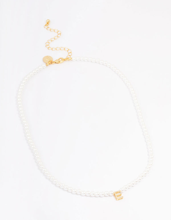 Gold Plated Letter E Initial & Pearl Pendant Necklace